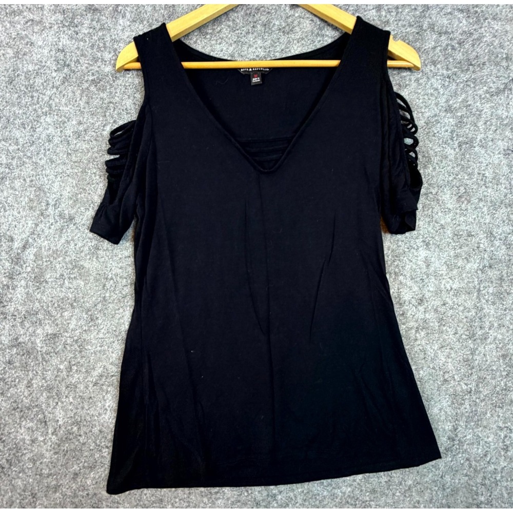 Rock & Republic Top Womens Medium Black Cold Shoulder Strappy V-Neck Sexy Blouse